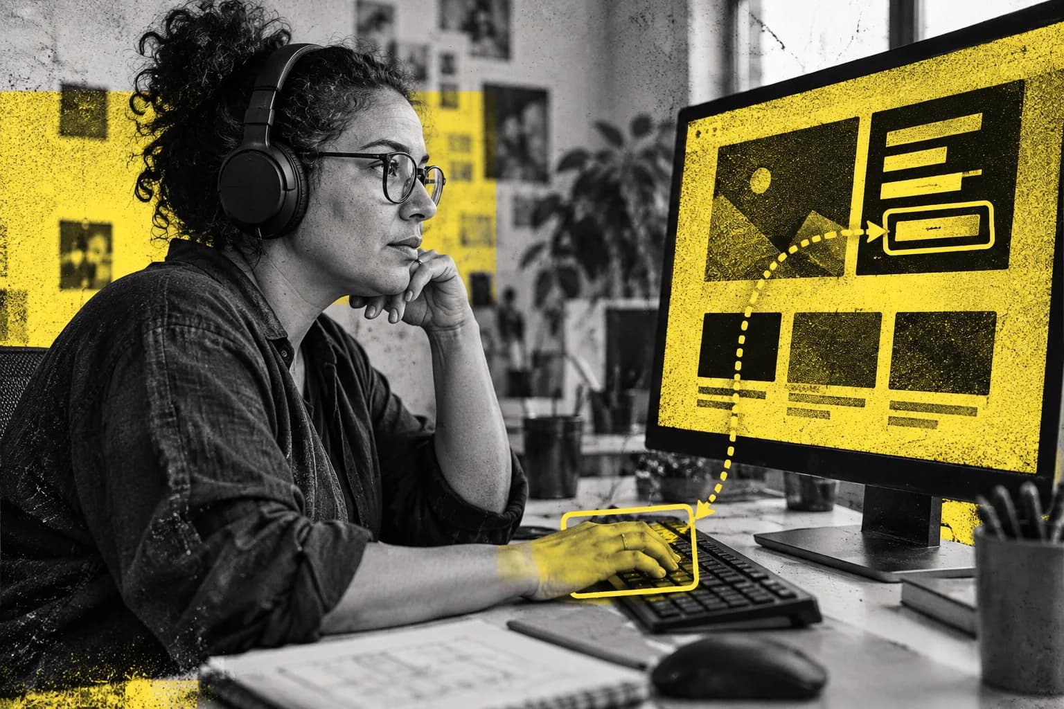 Designer testant une interface au clavier dans une photographie noir et blanc rehaussée de jaune