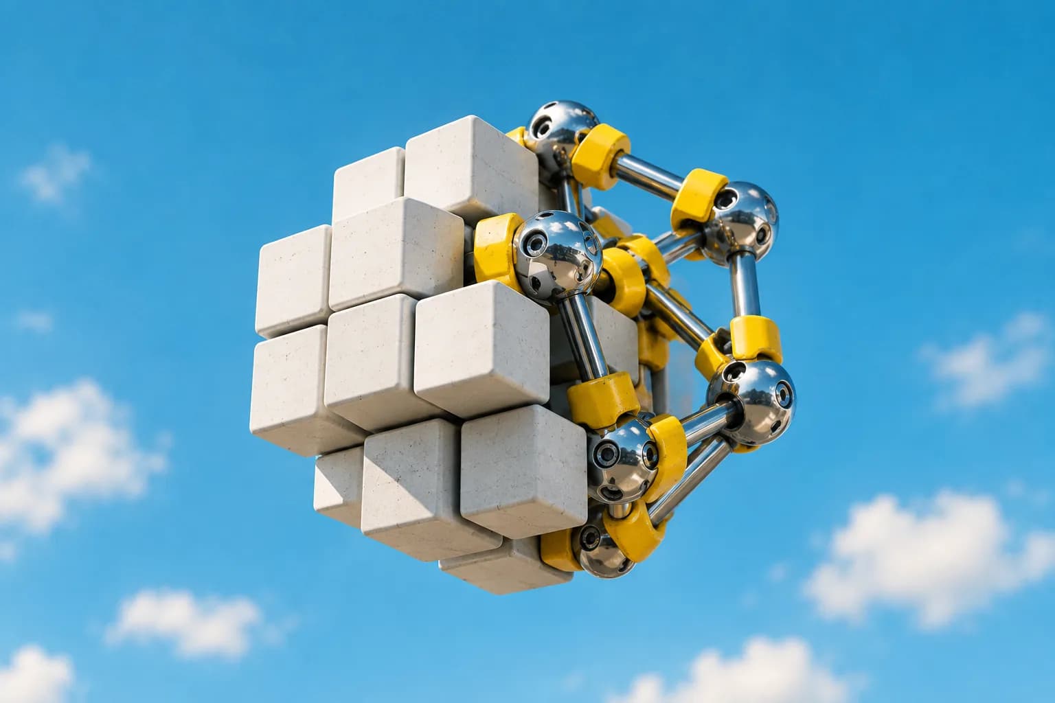 Système modulaire blanc relié à une structure articulée chromée et jaune dans un ciel bleu