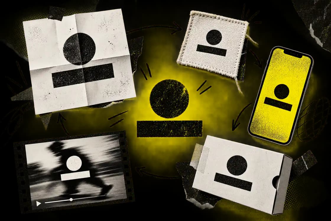 Supports imprimés et numériques assemblés dans un collage de marque jaune et noir