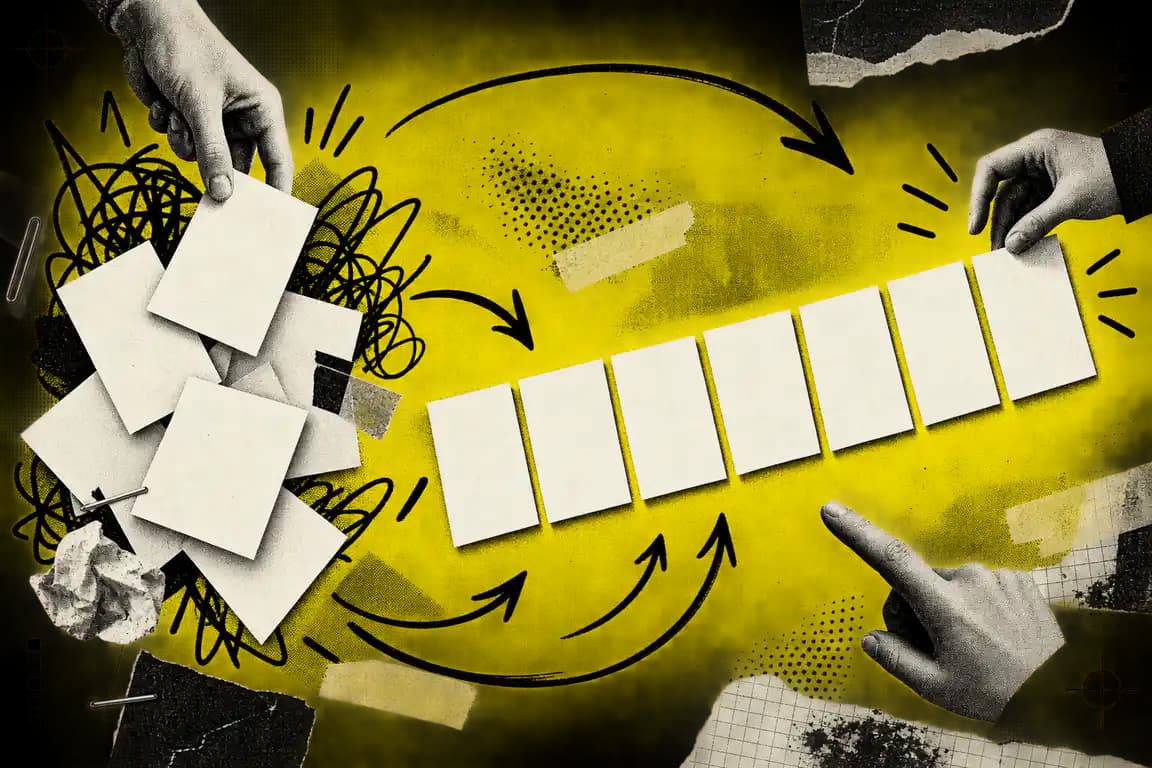 Cartes blanches passant du désordre à une séquence structurée dans un collage jaune et noir