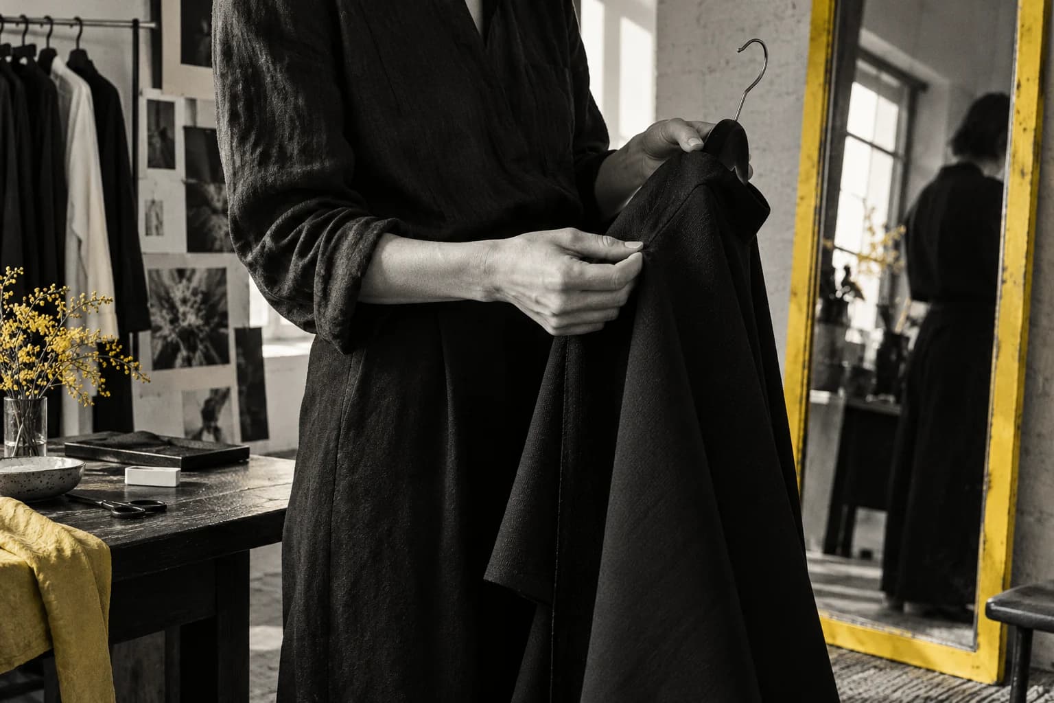 Détail d’un vêtement examiné dans un atelier de mode