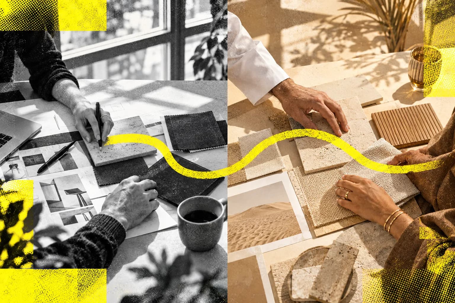 Deux tables de création en France et à Dubaï reliées par une ligne jaune