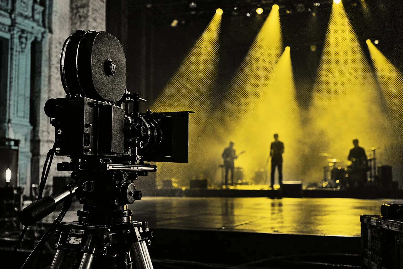 Caméra de cinéma en noir et blanc devant une scène éclairée en jaune