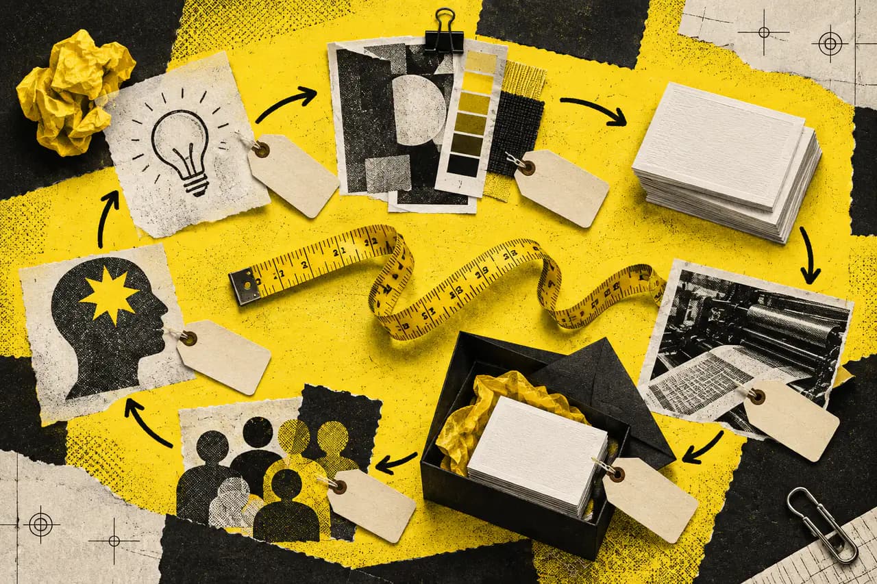 Composition éditoriale jaune et noire réunissant papiers, cartes, nuancier et outils de mesure