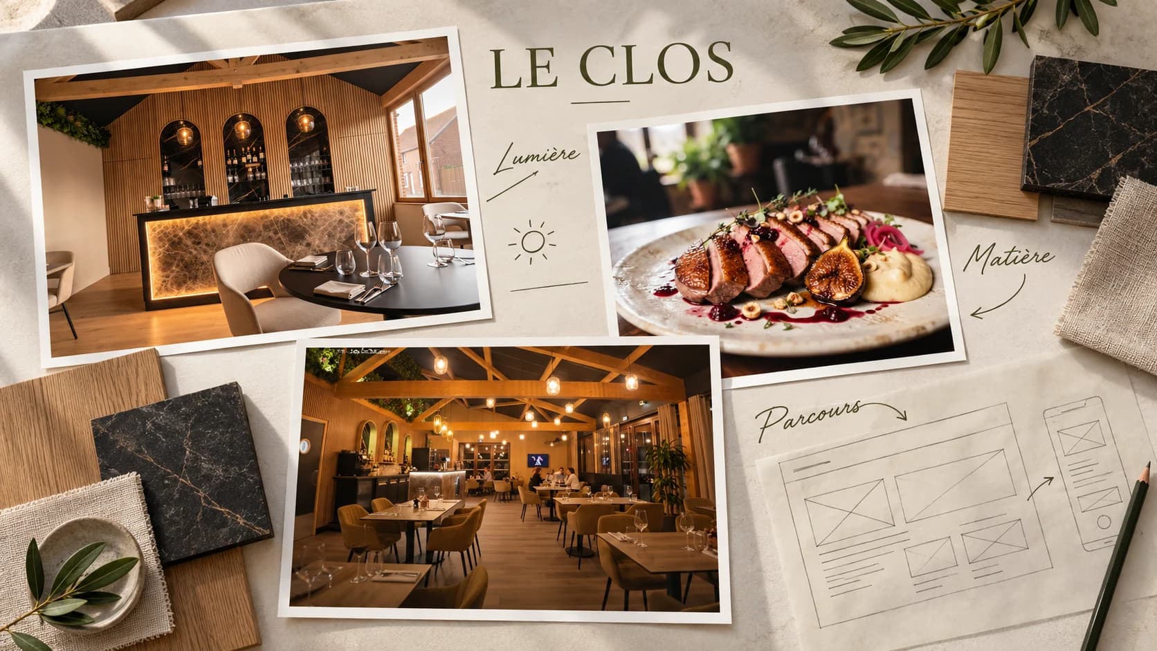 Planche de direction artistique réunissant matières naturelles, images du restaurant et recherches de composition
