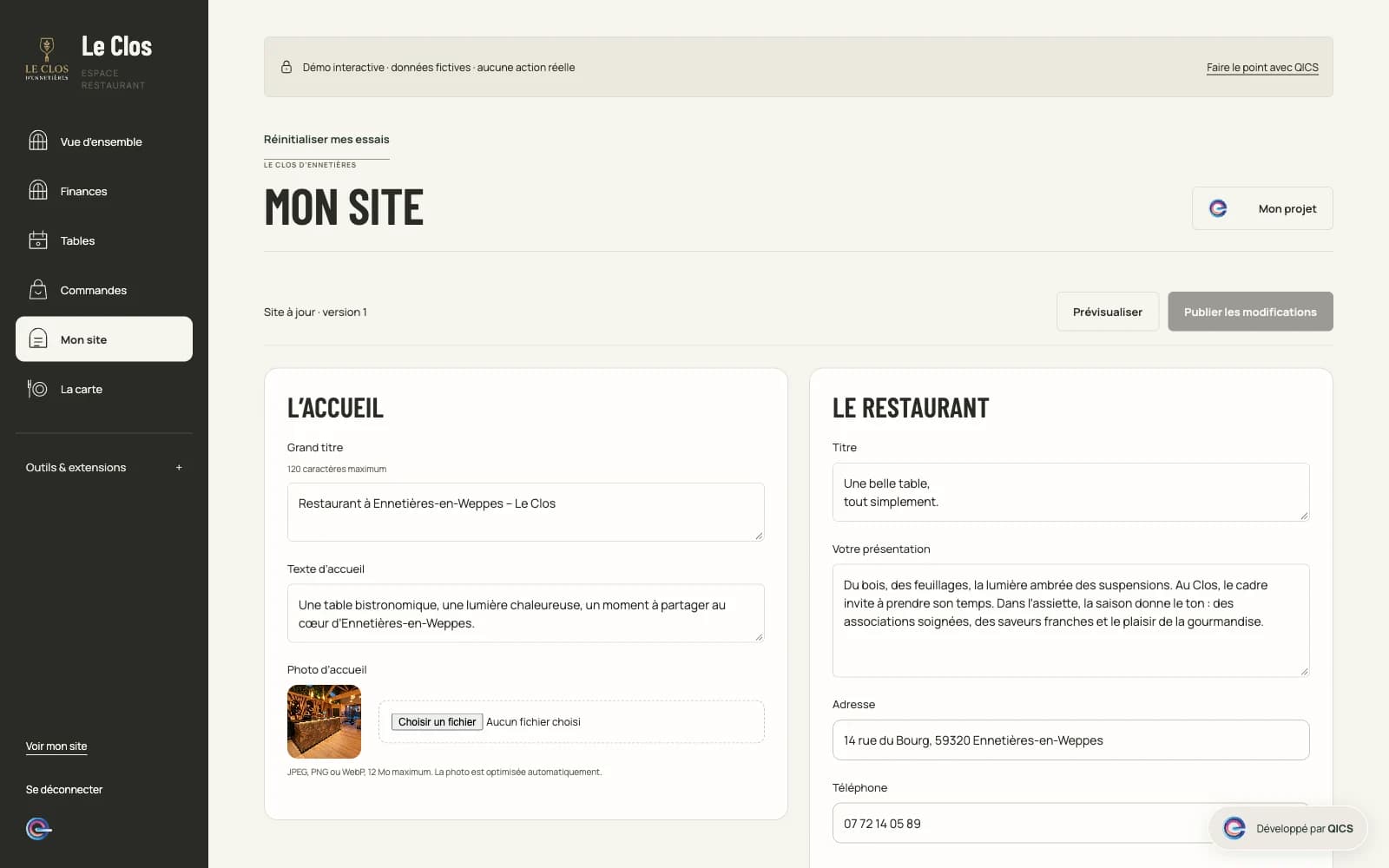 Éditeur du site Le Clos avec champs de contenu et prévisualisation