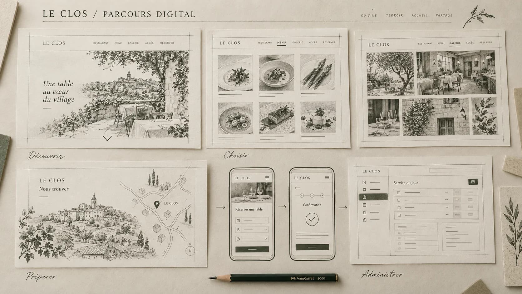 Six croquis illustrant le parcours du site et les écrans d’administration
