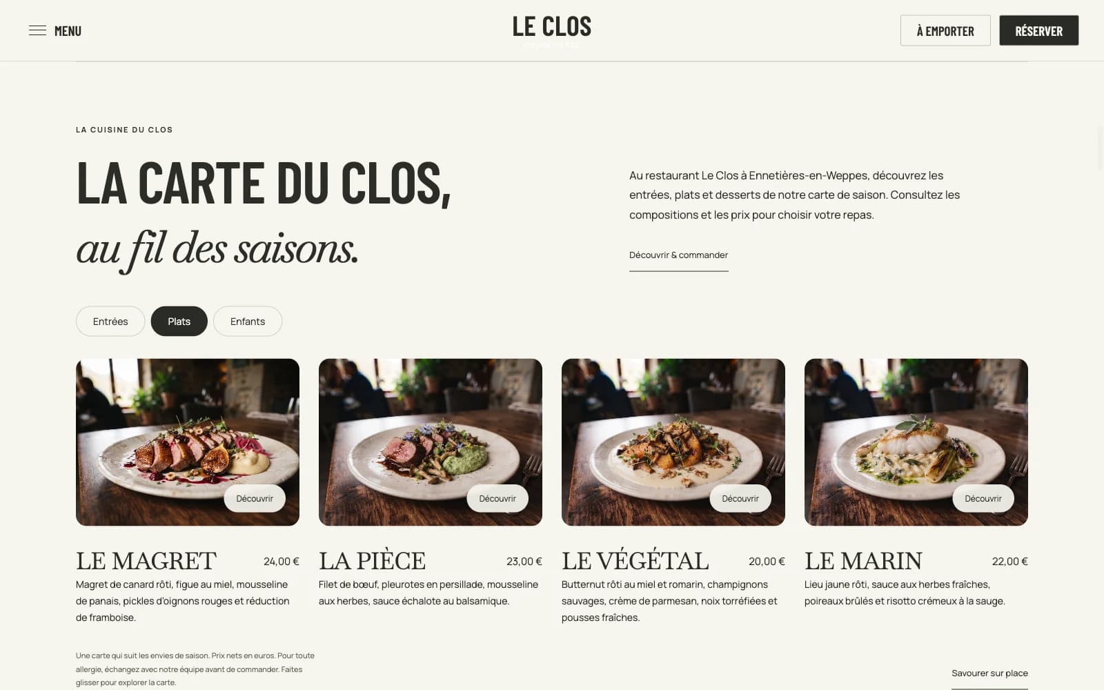 La carte du restaurant sur le site