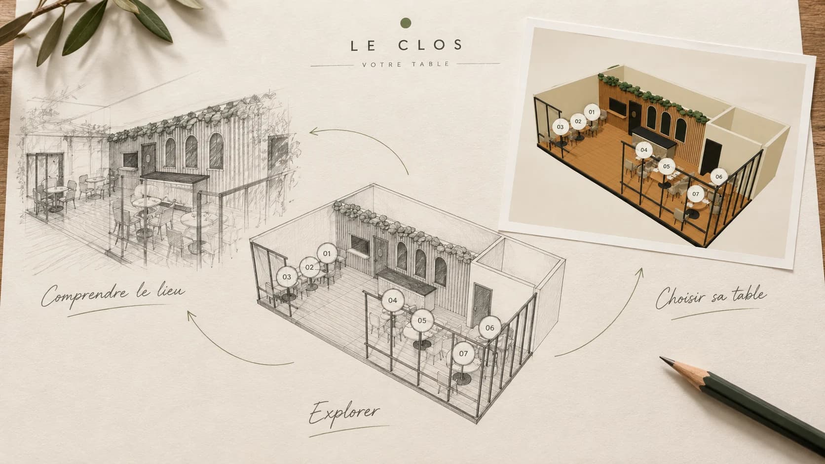 Étude architecturale illustrée du plan 3D, de ses tables et de ses points de vue