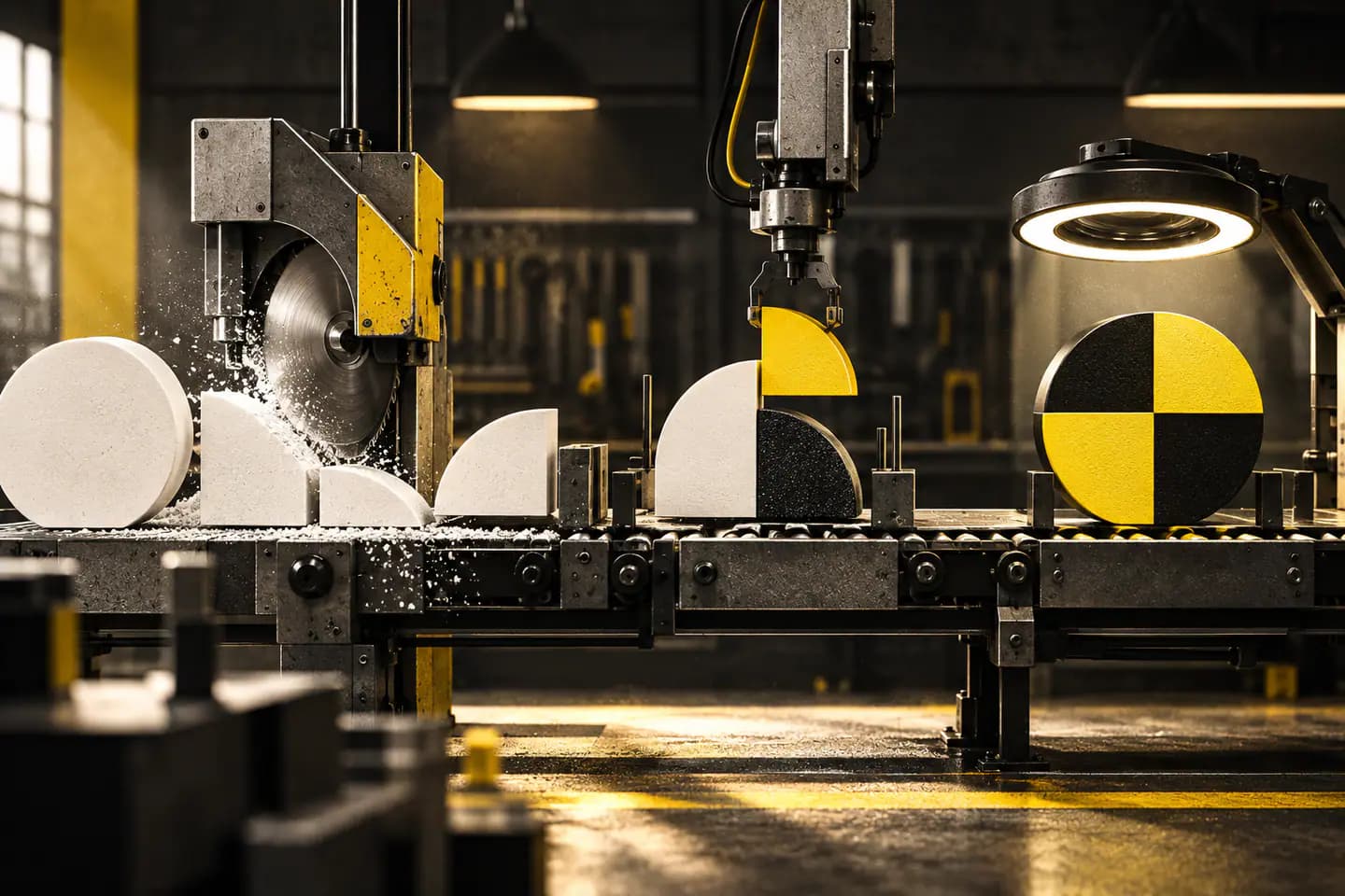 Une chaîne d’atelier transforme des formes brutes en un objet noir et jaune finalisé