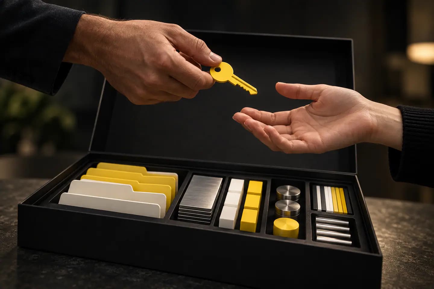 Une clé jaune est transmise au-dessus d’un coffret de composants organisé