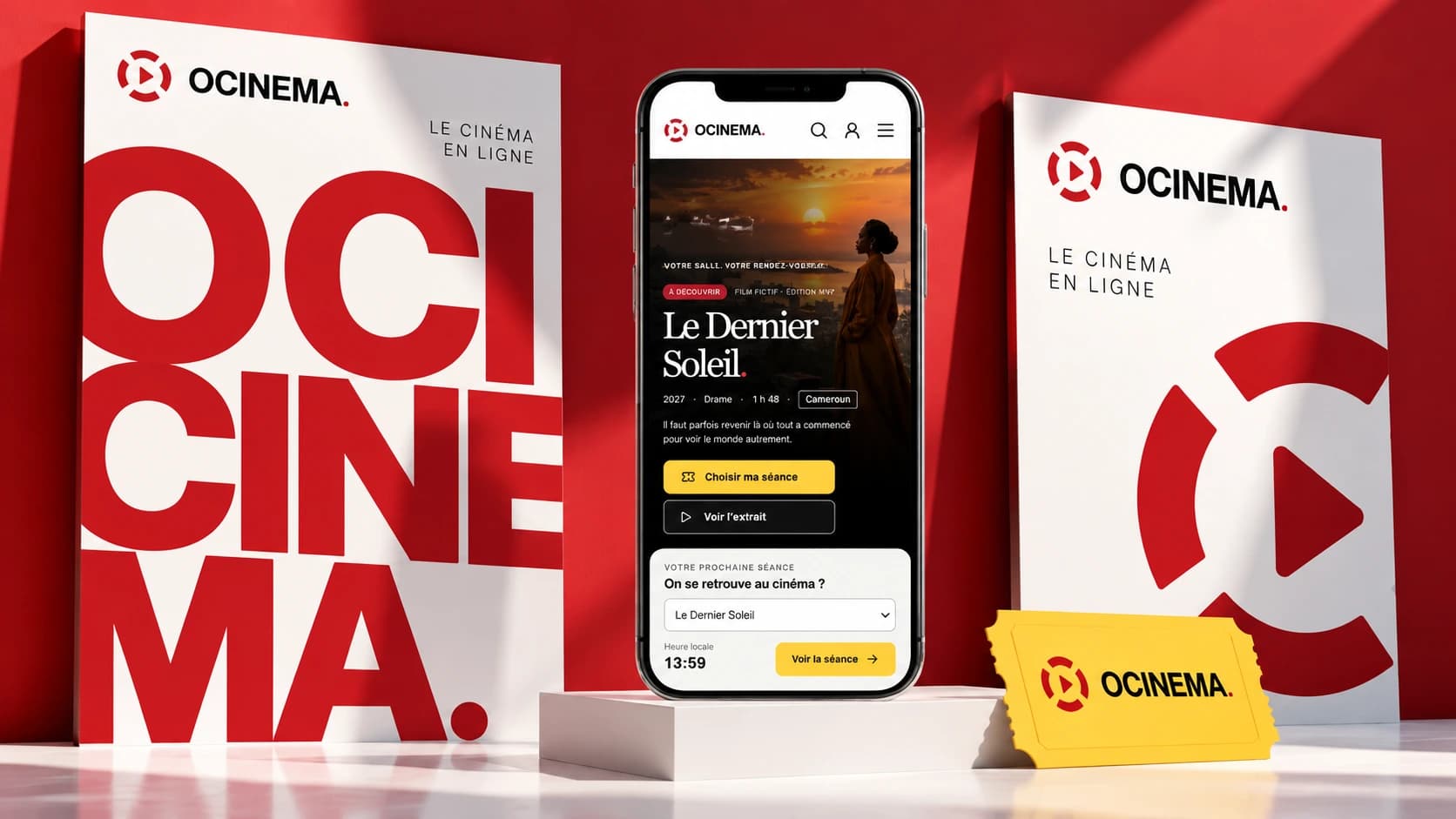 Exploration graphique OCINEMA avec affiches, téléphone et ticket