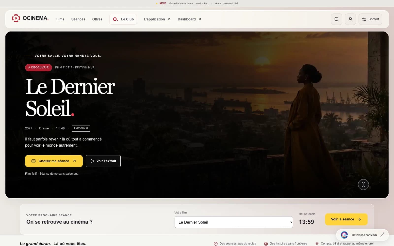 Interface réelle de la plateforme OCINEMA sur ordinateur