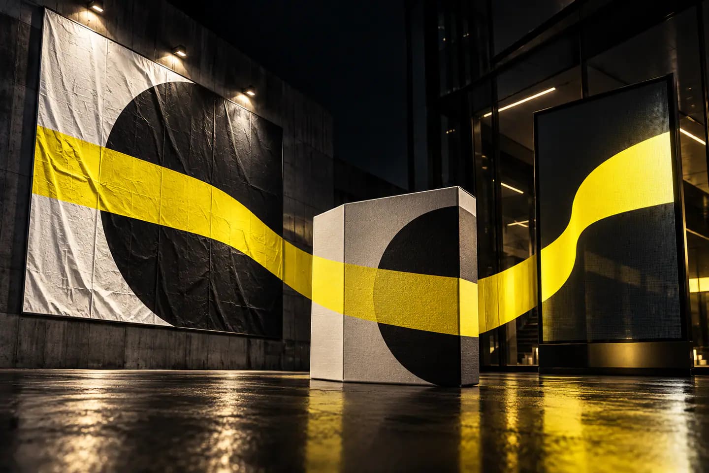 Un ruban jaune relie une affiche, un volume imprimé et un support lumineux