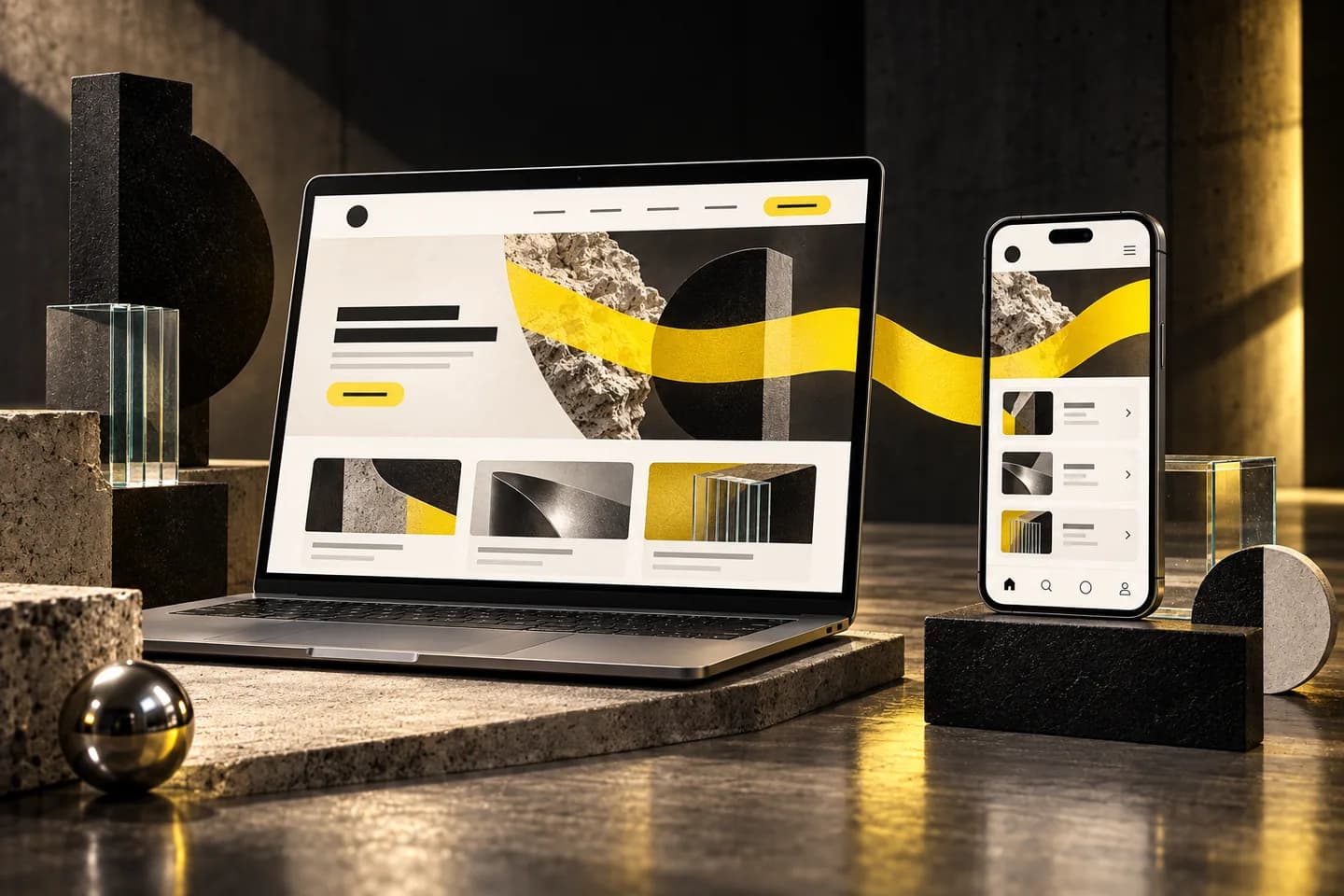 Un site web sur ordinateur et son application mobile reliés par un même parcours jaune