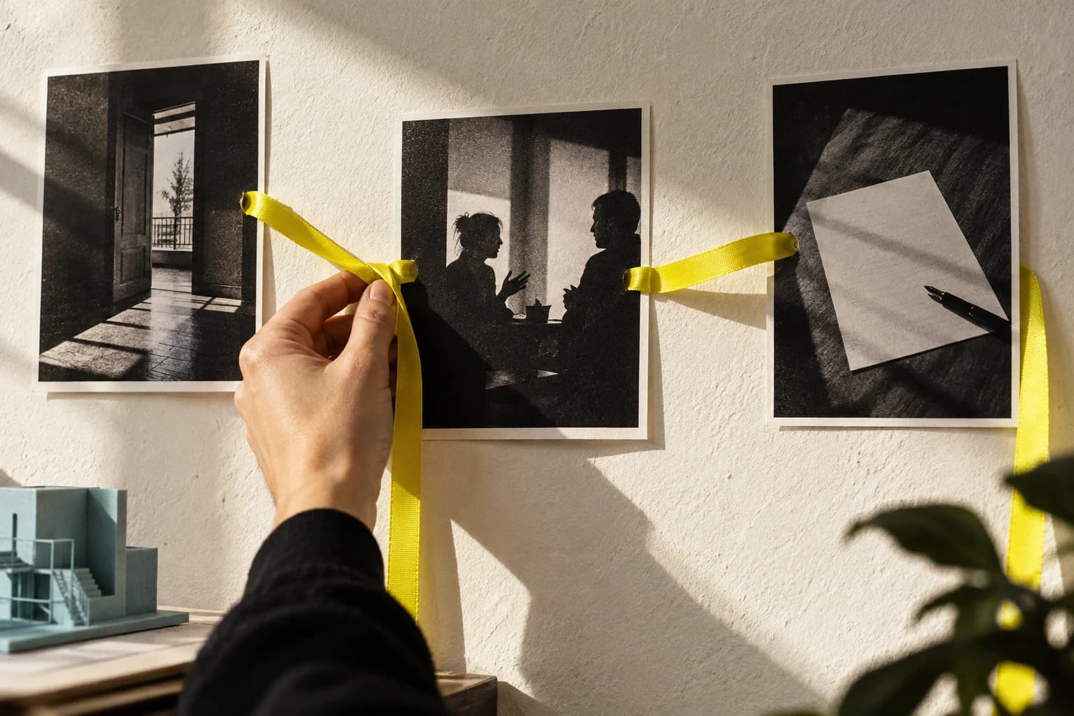 Main reliant des tirages photographiques avec un ruban jaune