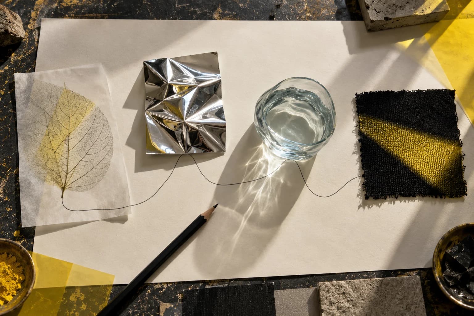 Table de recherche réunissant matières naturelles, métal, eau et textile