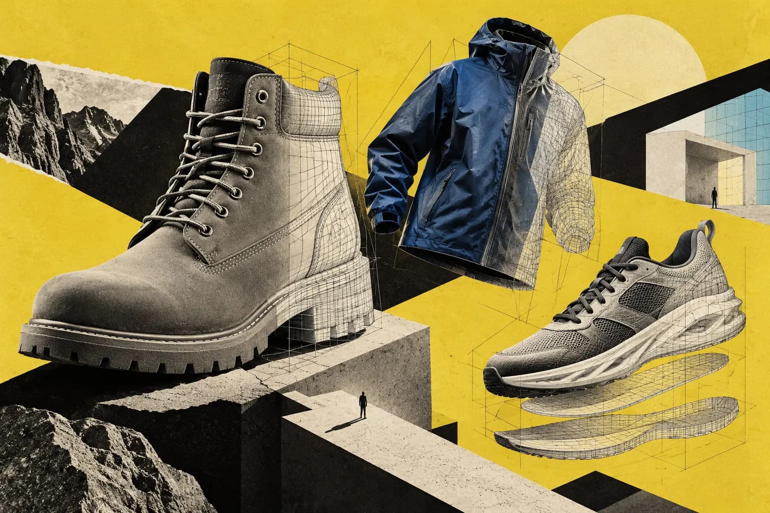 Collage de chaussures et d’une veste transformées en volumes dessinés sur papier jaune