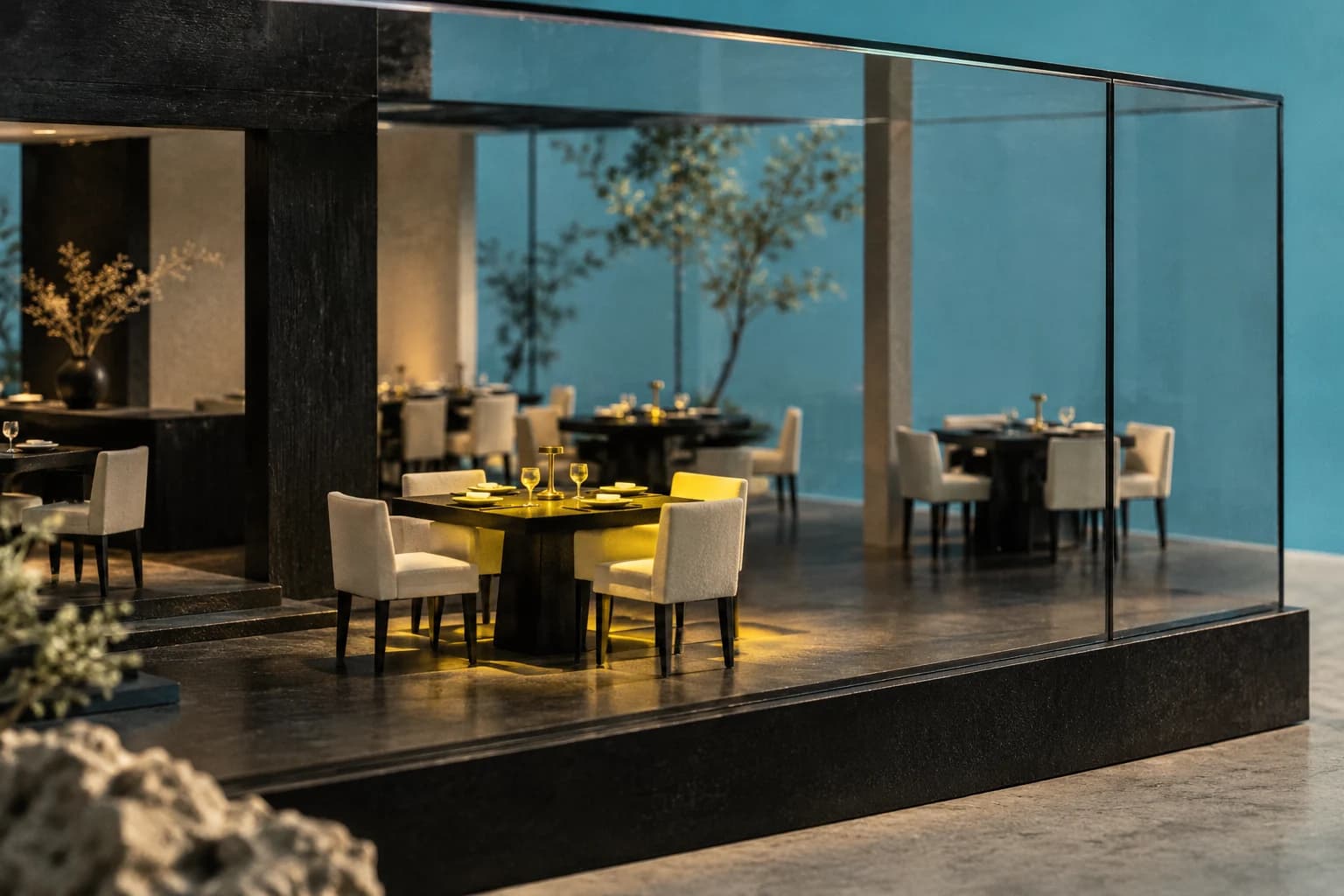 Maquette de salle de restaurant avec une table mise en lumière